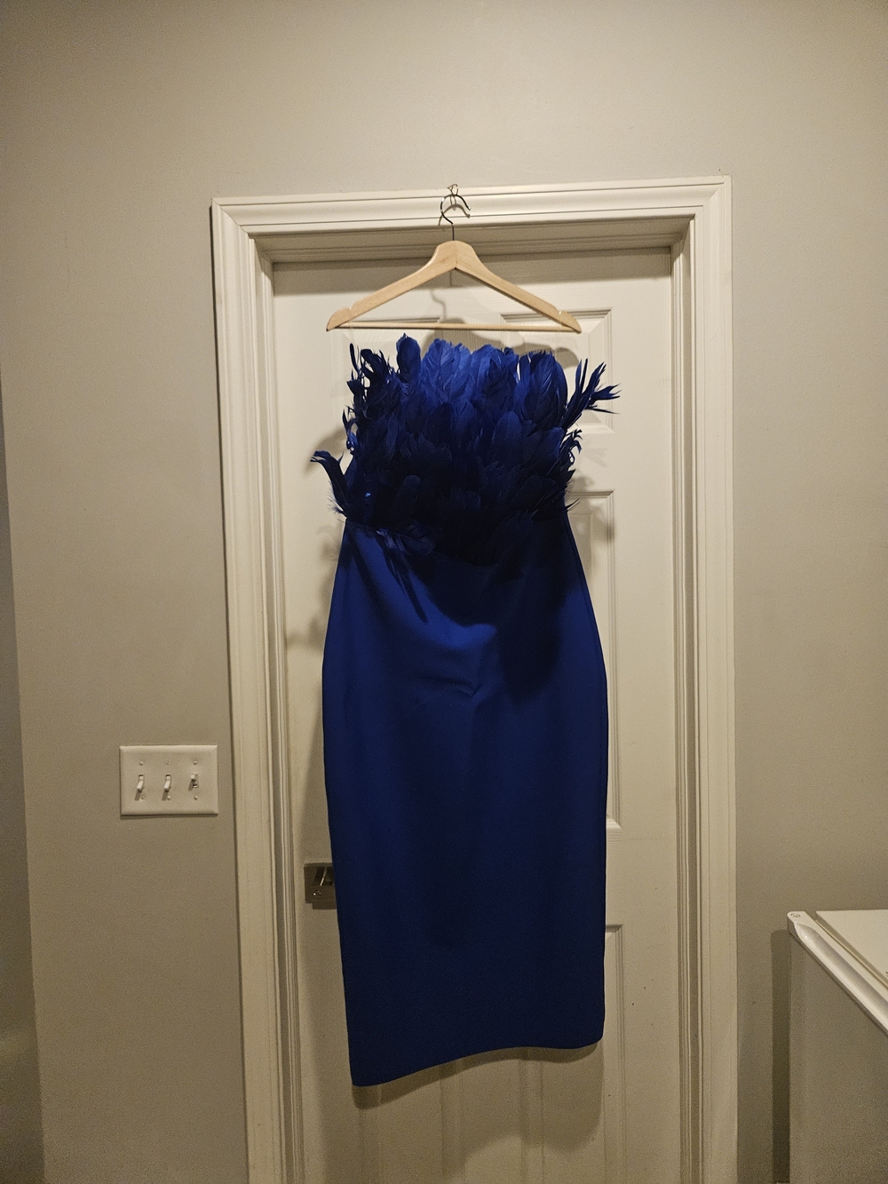 Strapless Royal Blue Feather-Trim Midi Dress
